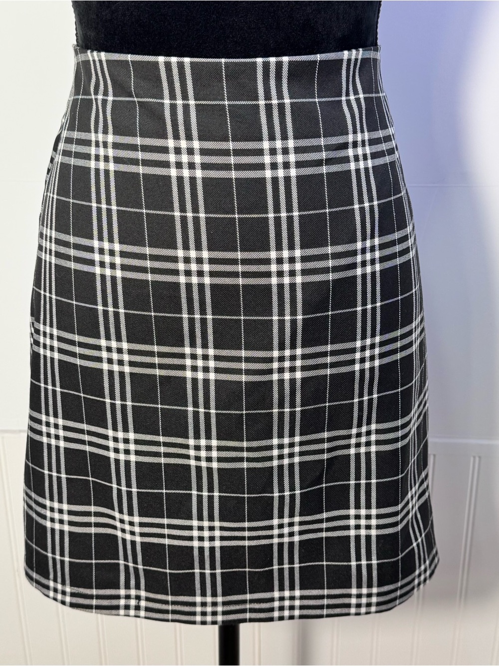 Blue Rain Black White Plaid A-Line Skirt M Preppy Dark Academia Classic